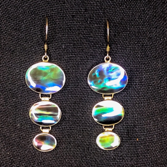 STERLING SILVER Abalone Cabochon Triple Drop Dangle French Wire Earrings - Picture 4 of 15